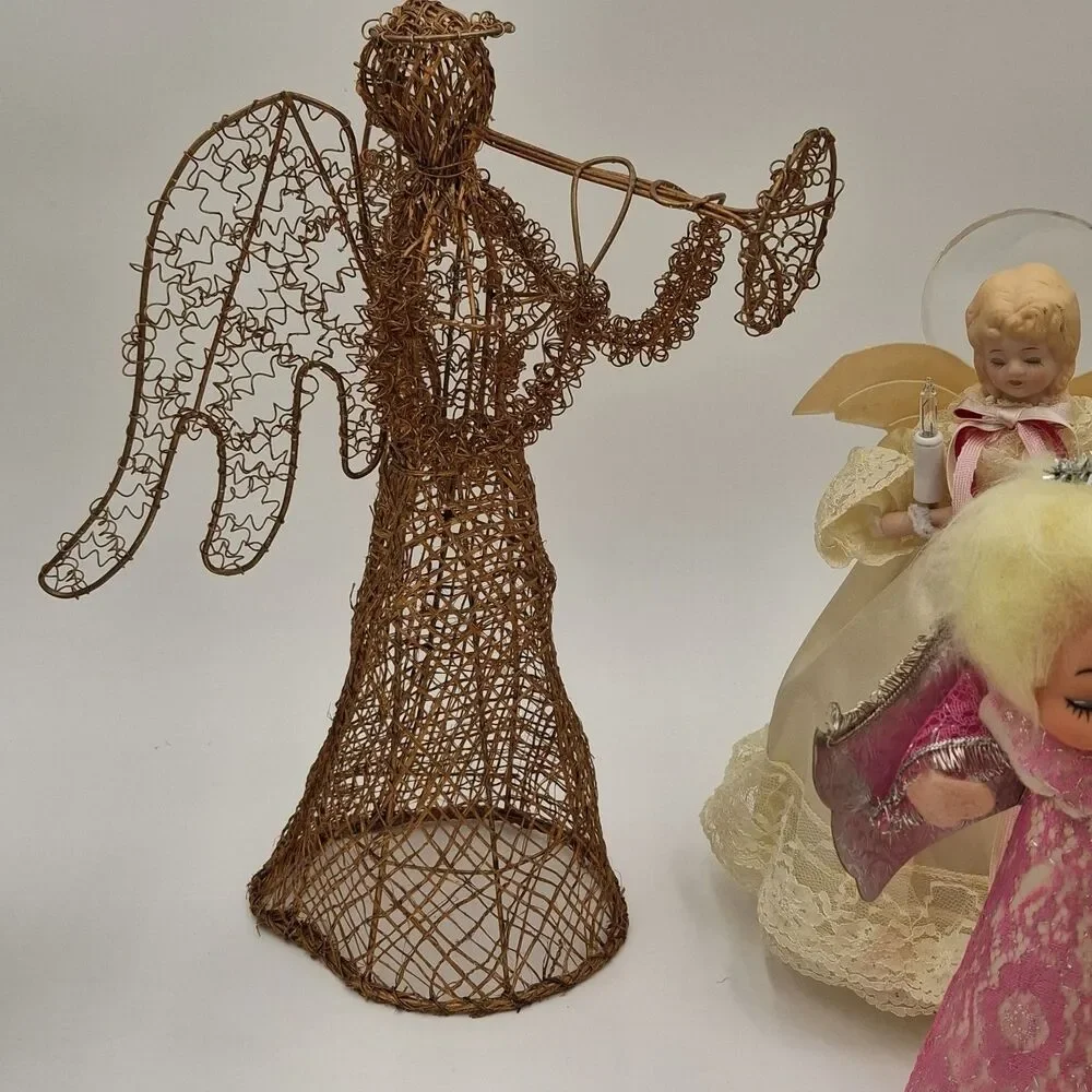 Vintage Angel Tree Toppers  Mixed Lot Of 4 Porcelain, Wire, Paper, Resin, Fabric